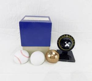 lot 30 image: Vintage Bowling Ball Trophy Thermometer with Golf Ball, Baseball and World Design Shells