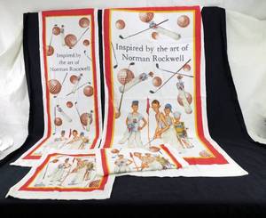 lot 118 image: Vintage Norman Rockwell Sporting Boys Missed 3 Towel and 1 Wash Cloth Set