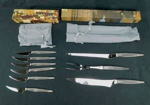 lot 2 image: Vintage 1960s Viking Stainless Steel Carving and Steak Knife Sets Made in Japan with Gift Boxes