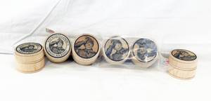 lot 210 image: Lot of 6 Norman Rockwell Boy Scouts Round Little Wooden Boxes for Stamps