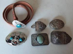 Tooled Leather Belt & Assorted Buckles