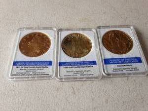 2-Double Eagle Replicas & 1-Statue Of Liberty Coins Gold Layered 20 Grams
