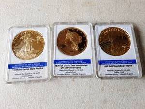 2-Double Eagle Replicas & 1-Statue Of Liberty Coins Gold Layered 20 Grams