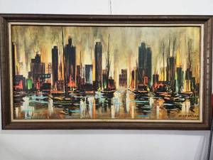 lot 36 image: Vintage Large Framed Mcm Cityscape