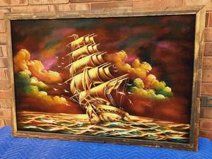 lot 16 image: Vintage Black Velvet Sailing Ship Painting