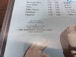 lot 1 image: Autographed Joe DiMaggio Italian Food Restaurant April 29, 1970 Topeka Kansas.