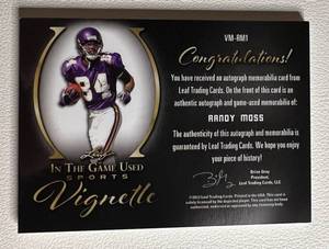 lot 1 image: Randy Moss 2022 In The Game Used Vignette Auto Patch 25 VM-RM1 Football Minnesota Vikings