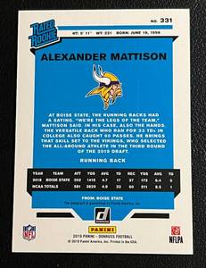 lot 17 image: 2019 Donruss Alexanders Mattison Gold Auto Rated Rookie #331 Minnesota Vikings Football Card