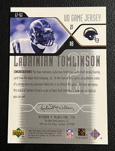 lot 35 image: 2004 Upper Deck Game Jersey LaDanian Tomlinson Game Worn Relic Patch # LT-GJ Football Card