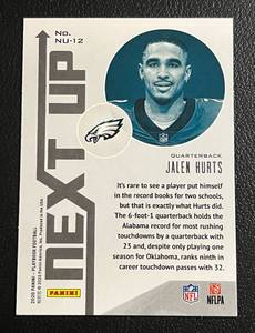 lot 38 image: 2020 Playbook Next Up Jalen Hurts Rookie Card #NU-12 Football