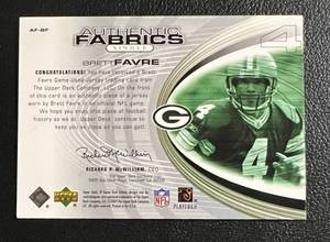 lot 44 image: 2004 Brett Favre Upper Deck SP Game Worn Relic Patch #AF-BF Football Card
