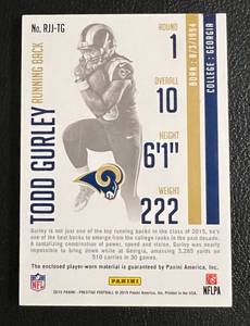 lot 47 image: 2015 Prestige Todd Gurley Rookie Game Worn Relic Patch, Tri-Color #RJJ-TG