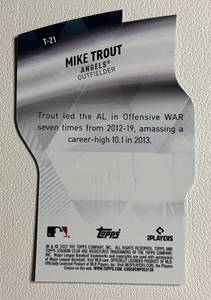 lot 99 image: 2022 Topps Stadium Club Mike Trout Triumvirate Die Cut Refractor SP Insert #T-21 Baseball Card