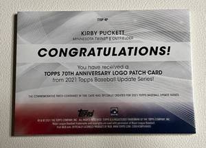 lot 111 image: 2021 Topps Kirby Puckett 70th Anniversary Commemorative Logo Patch Card #T70P-KP Minnesota Twins Baseball