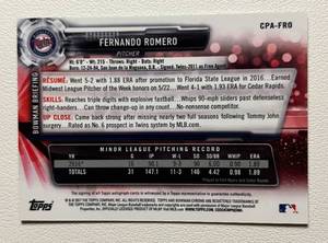 lot 115 image: 2017 Bowman Chrome Fernando Romero Auto Card # CPA-FRO Topps Certified Auto Minnesota Twins Baseball