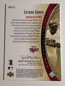 lot 117 image: Jacque Jones Game Worn Jersey Relic Patch Card 325 2005 UD MLB Artifacts #MLB-JJ Minnesota Twins Baseball