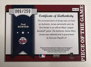 lot 119 image: Torii Hunter Game Worn Jersey Relic Patch Card 250 2004 Playoff Honors Piece of the Game #PG-25 Minnesota Twins Baseball