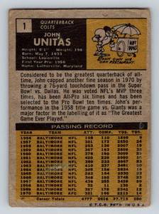 lot 3 image: 1971 Topps John Unitas # 1 Vintage Football Card