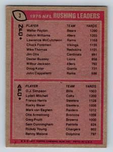 lot 15 image: 1977 Topps Walter Payton  OJ Simson Rushing Leaders #3 Vintage Football Card