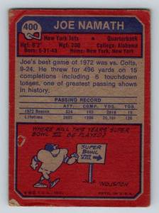 lot 30 image: 1973 Topps Joe Namath # 400 Vintage Football Card