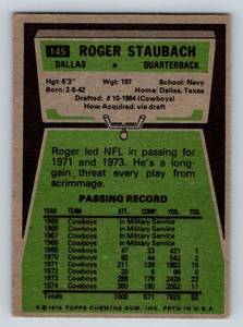 lot 36 image: 1975 Topps Roger Staubach #145 Vintage Football Card Dallas Cowboys