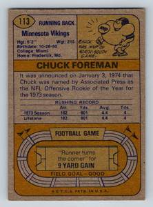 lot 75 image: 1974 Topps Chuck Foreman Rookie Card #113 Vintage Football Card Minnesota Vikings