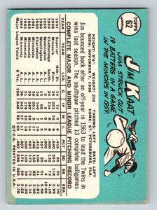 lot 88 image: 1965 Topps Jim Katt # 62 Minnesota Twins Baseball Card