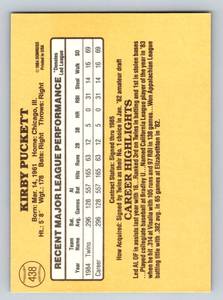 lot 162 image: 1985 Donruss Kirby Puckett Rookie Card #438 Minnesota Twins Baseball Card