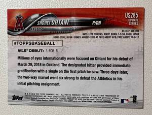 lot 156 image: 2018 Topps Shohei Ohtani Rookie Card Debut MLB Update Series #285 Baseball