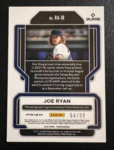 lot 165 image: 2022 Prizm Joe Ryan Rookie Auto Card  99 Minnesota Twins Baseball Card