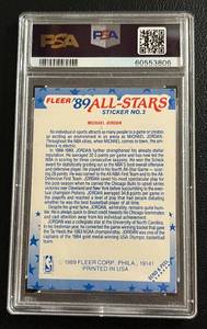 lot 181 image: 1989 Fleer Sticker Michael Jordan #3 PSA Graded 6 EX-MT Basketball Card
