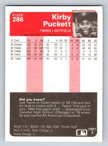 lot 4A image: 1985 Fleer Kirby Puckett Rookie Card #286 Minnesota Twins Baseball