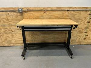 lot 12 image: HUSKY 52 x 24 Height Adjustable Solid Wood Top Workbench Table with Two Drawers