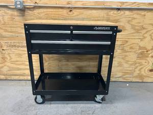 lot 13 image: HUSKY 36 in. W x 17 in. D Standard Duty 3-Drawer Rolling Tool Cart with Hardwood Top in Gloss Black