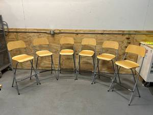 lot 35 image: Lot of 6- Tall Folding Chairs- Wood Color