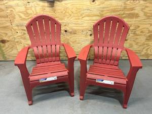 lot 38 image: ADAMS MANUFACTURING Lot of 2- RealComfort Stackable Red Plastic Frame Stationary Adirondack Chairs with Solid Seat- Red