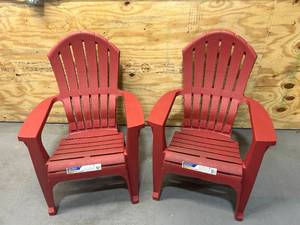 lot 39 image: ADAMS MANUFACTURING Lot of 2- RealComfort Stackable Red Plastic Frame Stationary Adirondack Chairs with Solid Seat- Red