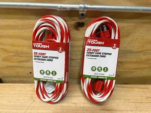 lot 56 image: HYPER TOUGH Lot of 2- 25 Foot Candy Cane Striped Extension Cords