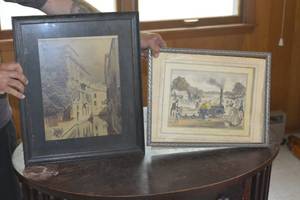 lot 50 image: 2 framed photos Subject Train and building