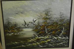 lot 78 image: Large Framed Marsh Ducks on Lake Oil Painting by Bernard