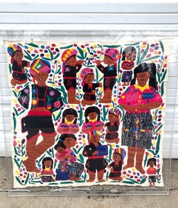 lot 11 image: Colorful Hand Embroidered Folk Art Family or Village Tapestry