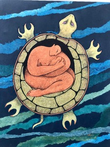 lot 12 image: Large Signed Original Oil on Canvas Painting - Mother & Child Inside Sea Turtle