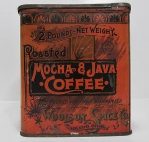 lot 13 image: Excellent Antique Woolson 2lb Mocha & Java Coffee Tin