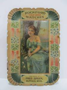 lot 41 image: Antique ROCKFORD Pocket Watches Tin Litho Advertising Tray