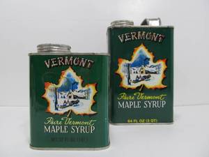 lot 66 image: 2 Excellent Vintage 1950s-60s Vermont Maple Syrup Cans