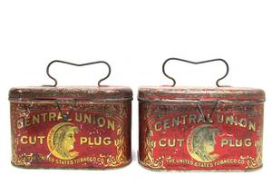 lot 69 image: 2 Antique CENTRAL UNION Cut Plug Lunch Pail Tobacco Tins