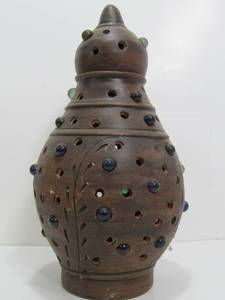 lot 83 image: Large Vintage Terra Cotta Pierced Candle Lamp wMarbles