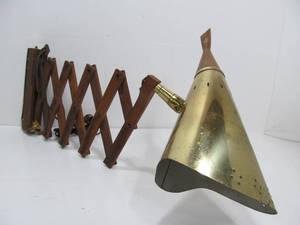 lot 86 image: Mid Century Danish Modern Pierced Brass & Teak Scissor Lamp