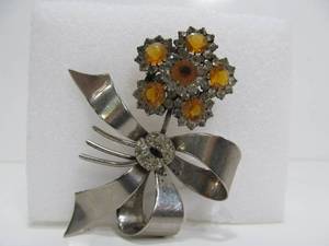 lot 90 image: Large Vintage 1940s-50s era Sterling Silver Flower & Ribbon Brooch Pin wAmber Rhinestones