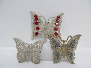 lot 93 image: 3 Large Vintage 1950s era Rhinestone Butterly Brooches